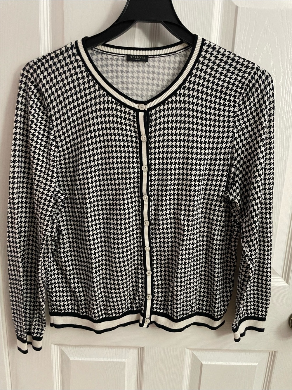 Talbots Black and White Houndstooth Button Cardigan
